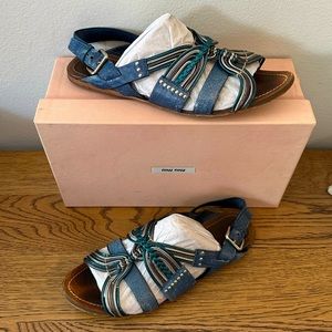 Miu Miu Blue Strappy Flat Leather Sandals size 40.5